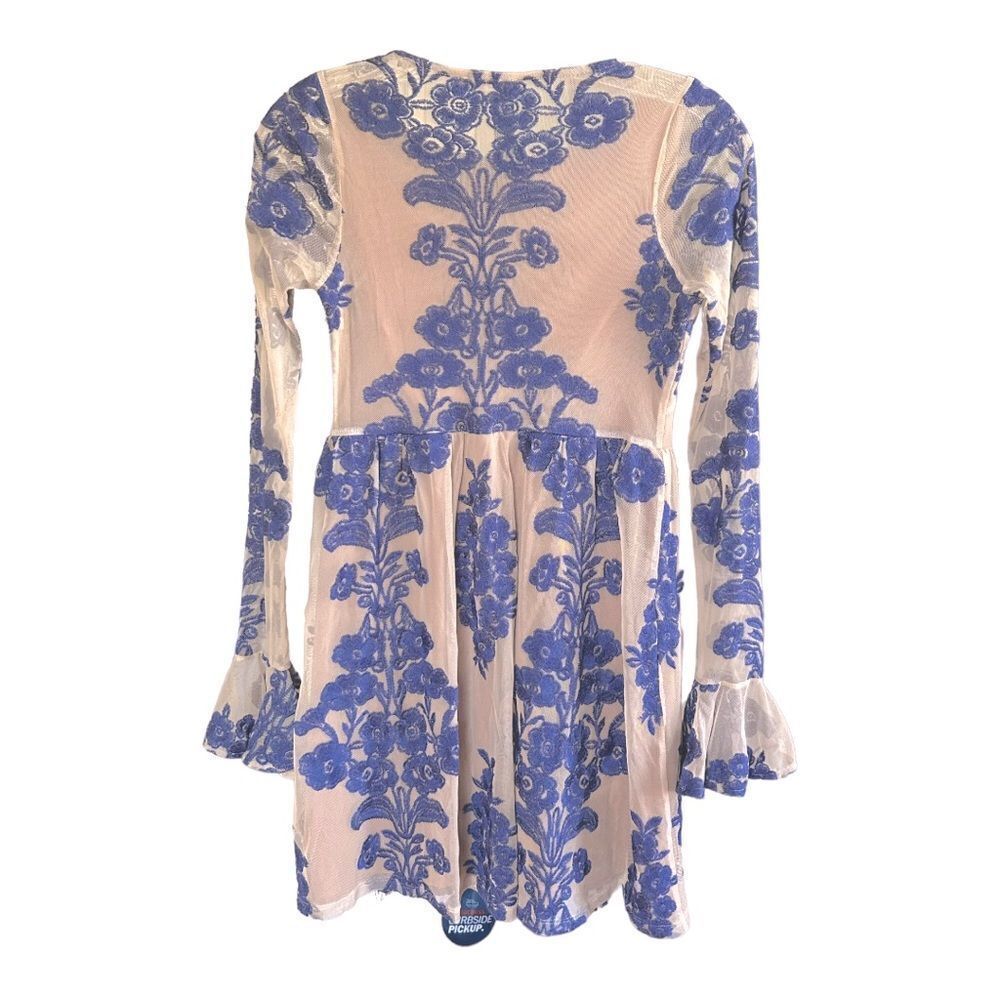 NEW For Love And Lemons Temecula Mini Dress Silk Blue Sheer Long Sleeve Women S - Picture 3 of 9